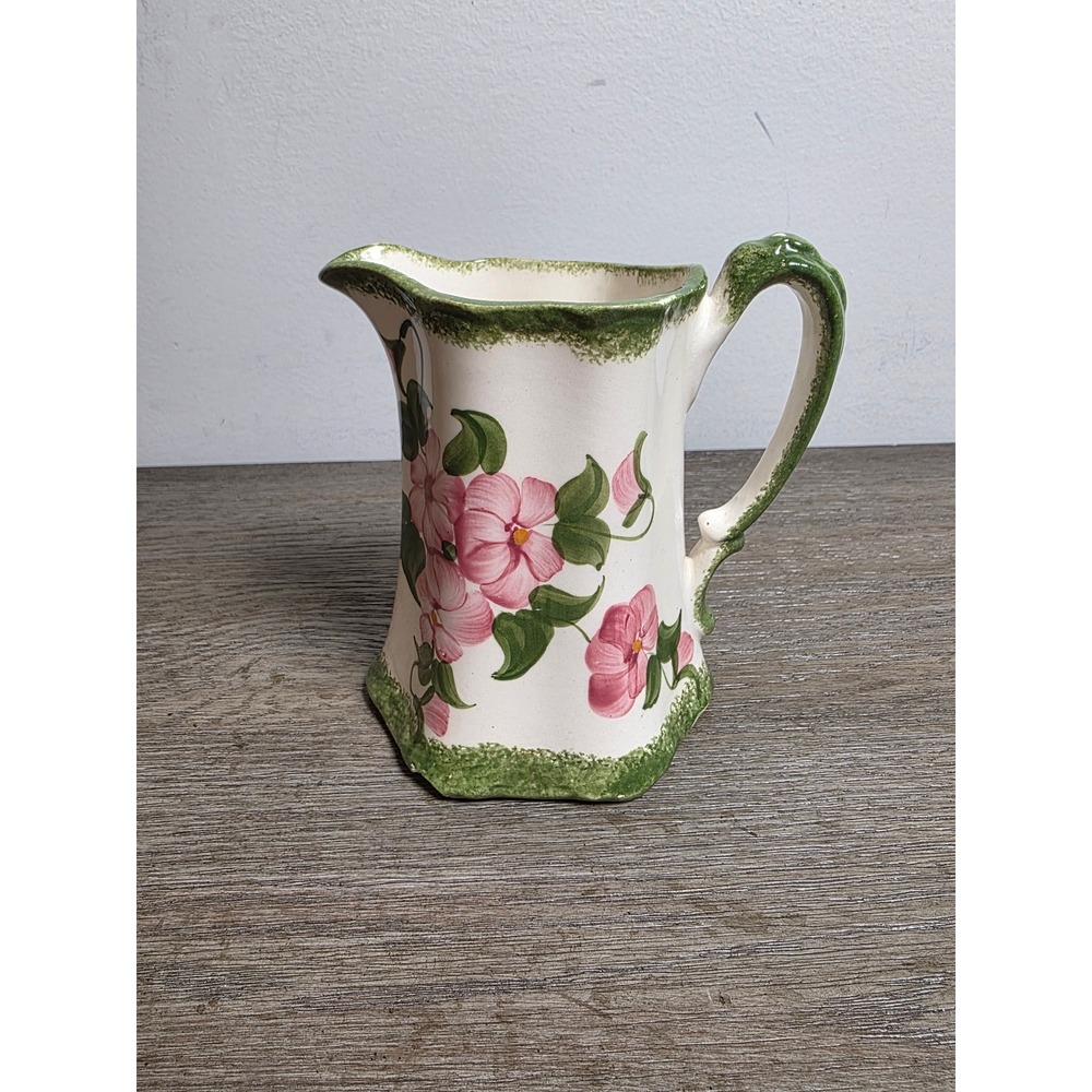 Hand Painted Ceramic Pitcher Pink Floral Hexagonal Cream Green Trim